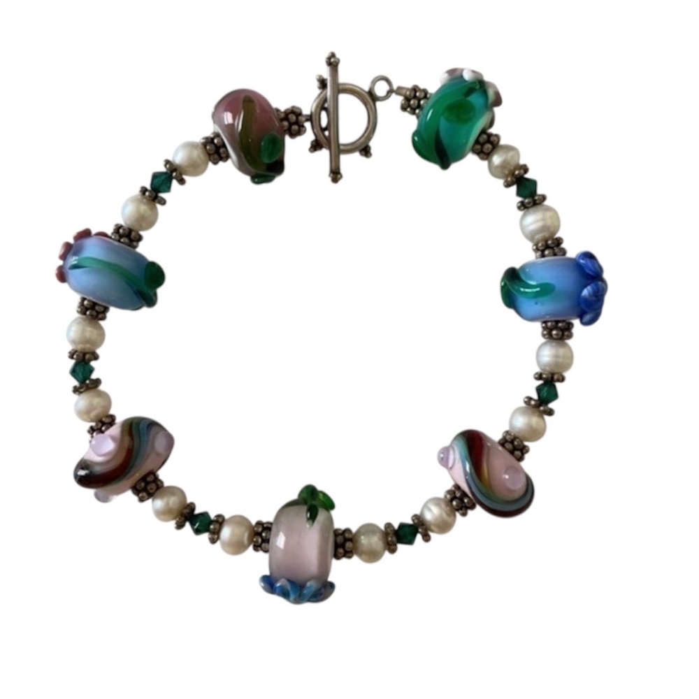 Artisan 925 Sterling Silver Pearl Crystal Lamp Work Glass Beaded Bracelet NEW